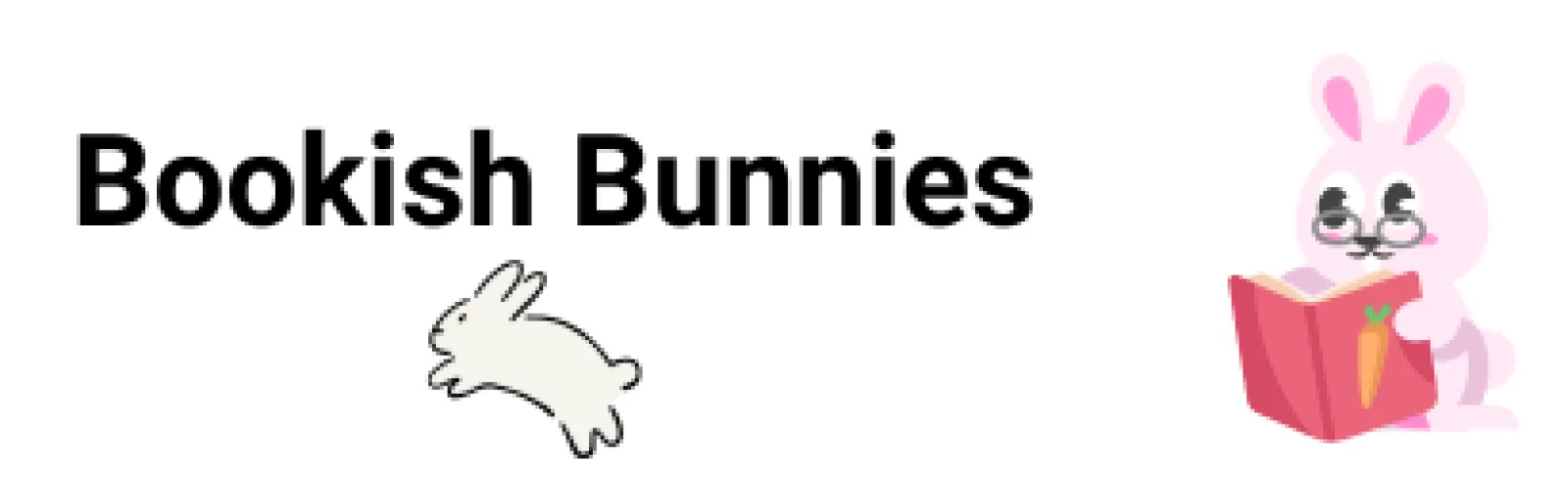 Pink cartoon bunny reading a red book. Line drawing of a rabbit hopping away under the title of Bookish Bunnies.