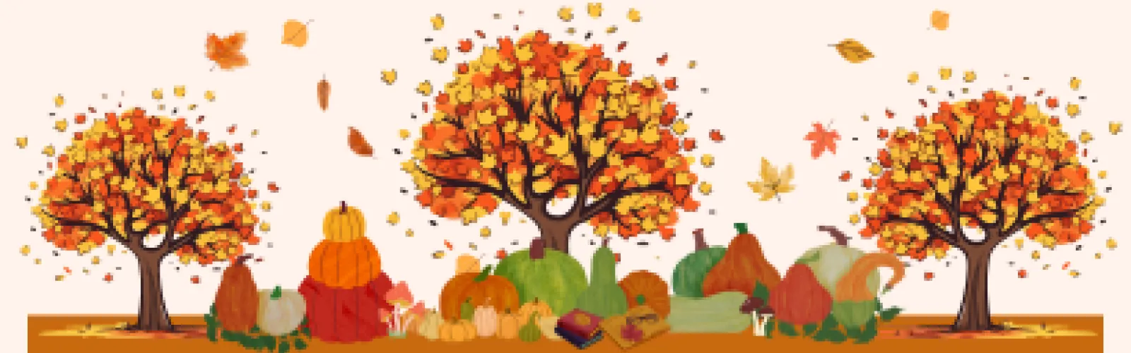 Autumn trees, leaves blowing in the wind, pumpkin patch with a couple books tucked in front.