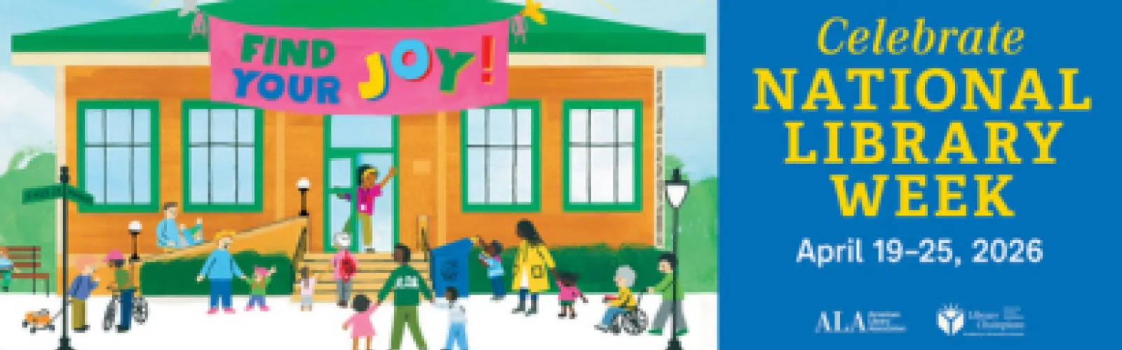 Librarian welcoming in people from the community to a public library building.